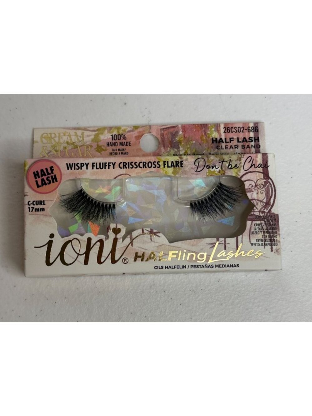 ioni Cream & Sugar Wispy Fluffy Crisscross Flare Half Lashes Clear Band Glam